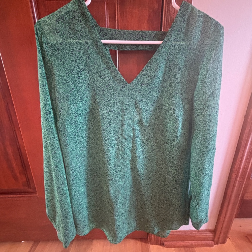 CAbi Green Patterned V-Neck Blouse